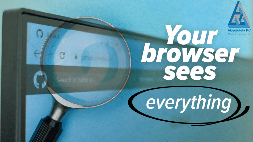Magnifying glass highlighting a web browser interface with the text “Your browser sees everything”, representing online privacy and data visibility