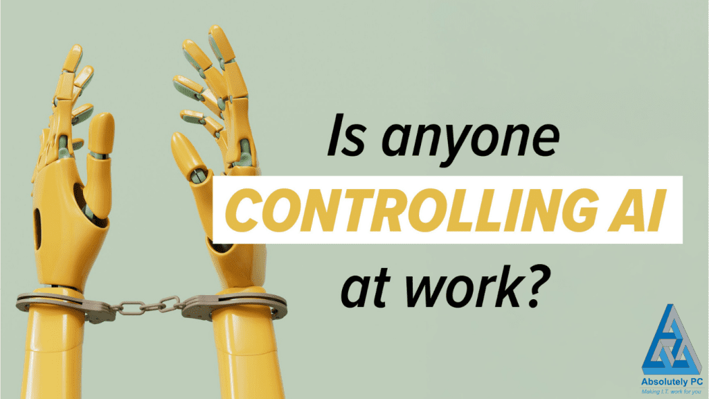 Robotic hands in metal handcuffs raised against a light background with the text “Is anyone controlling AI at work?”