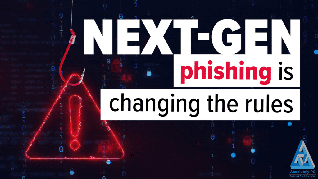 Warning symbol and headline reading “Next gen phishing is changing the rules” on a digital cyber security themed background